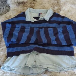 Pilcro Blue and Black Striped Crewneck Sweater